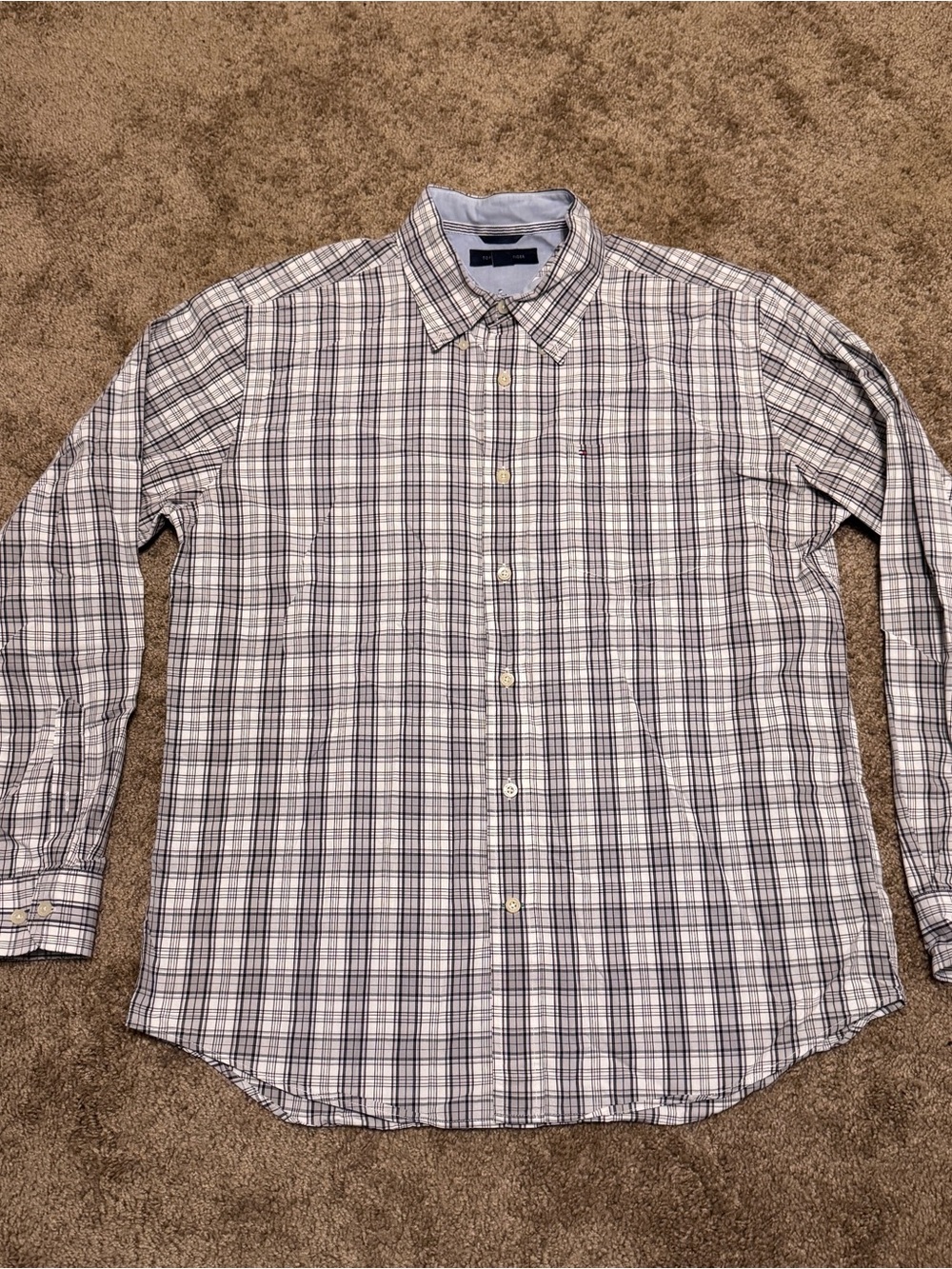Tommy Hilfiger Shirt Mens Large White Black Plaid Check Long Sleeve Button Logo
